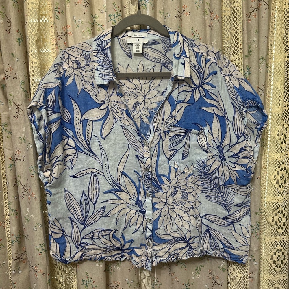 H By Halston Linen Floral Button-Up Short Sleeve Shirt Size XL